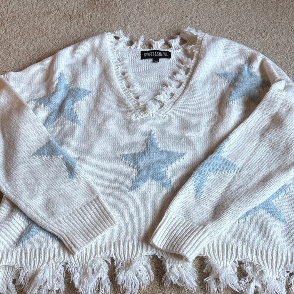 Sweet & Sassy White and Blue Star V-Neck Sweater